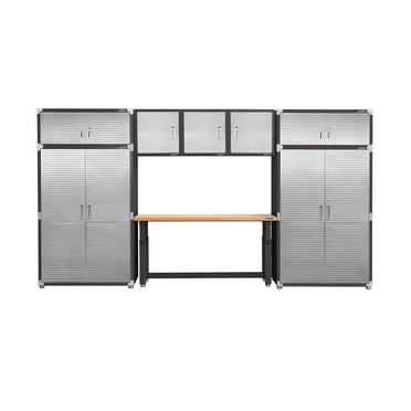 Seville Classics UltraHD 8-Piece Steel Garage Cabinet Storage Set w/ Height Adjustable Workbench, 14 Feet Wide