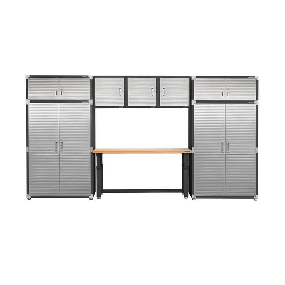 Seville Classics UltraHD 8-Piece Steel Garage Cabinet Storage Set w/ Height Adjustable Workbench, 14 Feet Wide