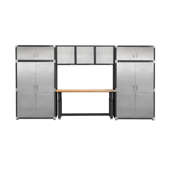 Seville Classics UltraHD 8-Piece Steel Garage Cabinet Storage Set w/ Height Adjustable Workbench, 14 Feet Wide
