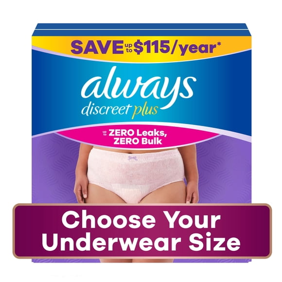 Always Discreet Plus Underwear for Women, Maximum Protection, Choose Size