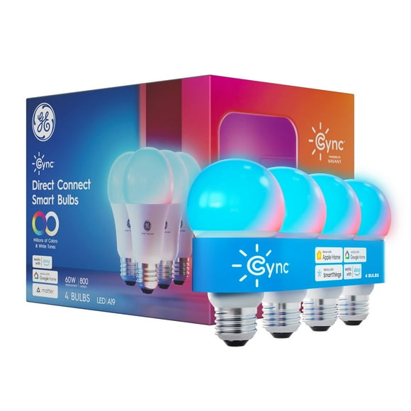 GE Cync Direct Connect A19 Smart LED Light Bulbs, Color Changing Smart Lights, Matter Compatible, Works with Alexa and Google Home (4 Pack)