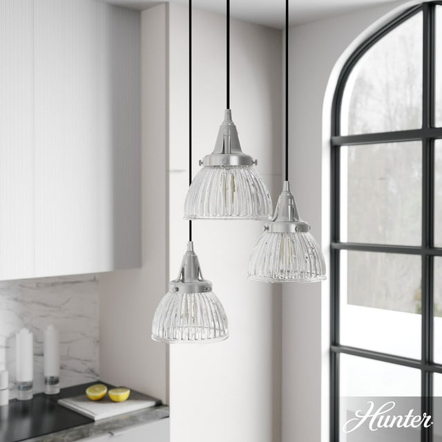 Hunter Cypress Grove Glass 3 Light Pendant Light Fixture, Round Cluster and Linear Cluster