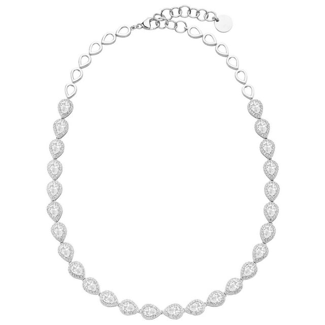 Pear Cut Lab Created Gemstone Halo Tennis Necklace in Sterling Silver