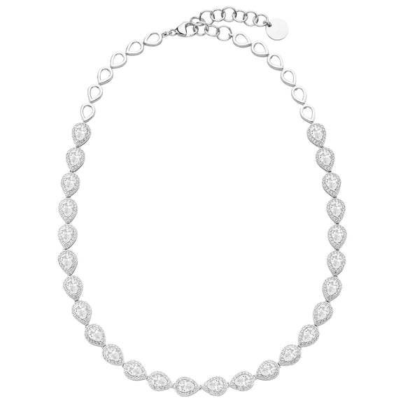 Pear Cut Lab Created Gemstone Halo Tennis Necklace in Sterling Silver