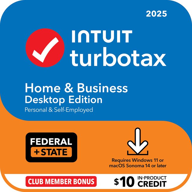TurboTax Desktop Home & Business 2025 Email Delivery, Federal & State Returns + Federal E-file + $10 In-Product Credit (Win 11, Mac 14)