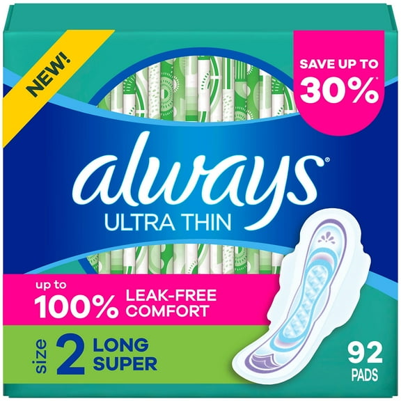 Always Ultra Thin Long Super Pads with Wings, Size 2, 92 ct.