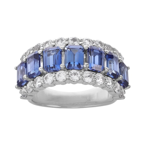 Emerald and Round Cut Lab Created Blue Sapphire Ring in Sterling Silver