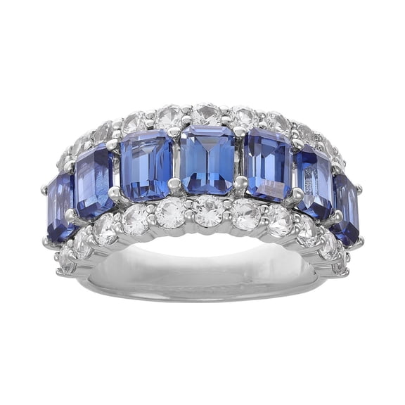 Emerald and Round Cut Lab Created Blue Sapphire Ring in Sterling Silver