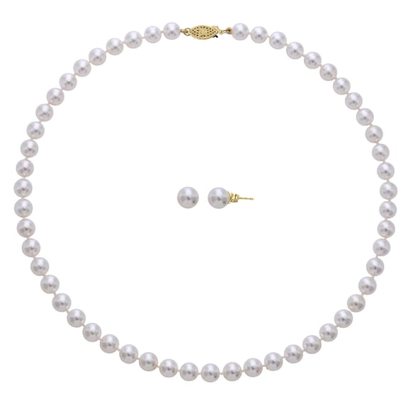 Cultured Akoya Pearl Necklace and Stud Earring Set in 18K Gold