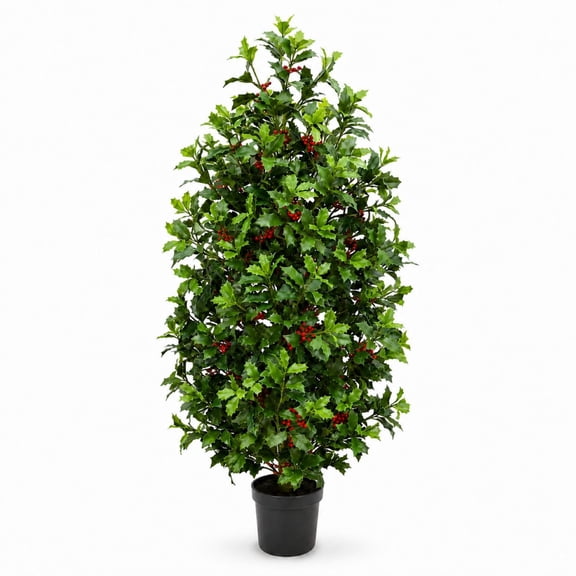 Artificial 4' Holly Berry Cone Shaped Topiary in Black Grower's Pot