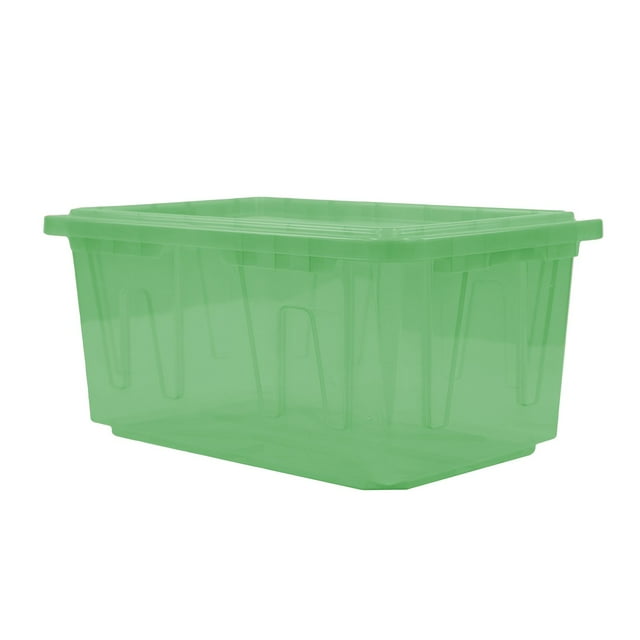 member's mark 60 quart clear storage tote, 17.2" d x 25.7" w x 12.0" h, 1 pack or 4 pack Clear green 60‑quart plastic tote, front three‑quarter view showing recessed snap‑fit lid with molded holes for zip ties or locks, reinforced molded side ribs and rectangular stackable profile sized for shelving; often used for seasonal decor, toys, linens and garage organization.