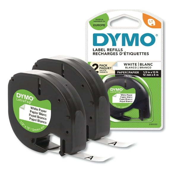 DYMO LetraTag Paper Label Tape Cassettes, 0.5" x 13 ft, White, 2/Pack