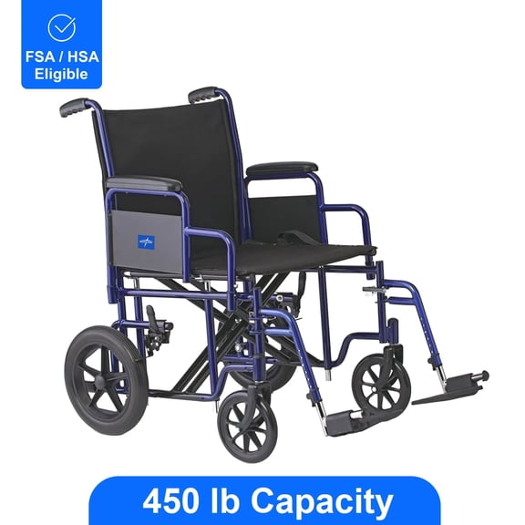 Medline Heavy Duty Transport Chair supports up to 450 lbs., 22" x 18" seat, Blue