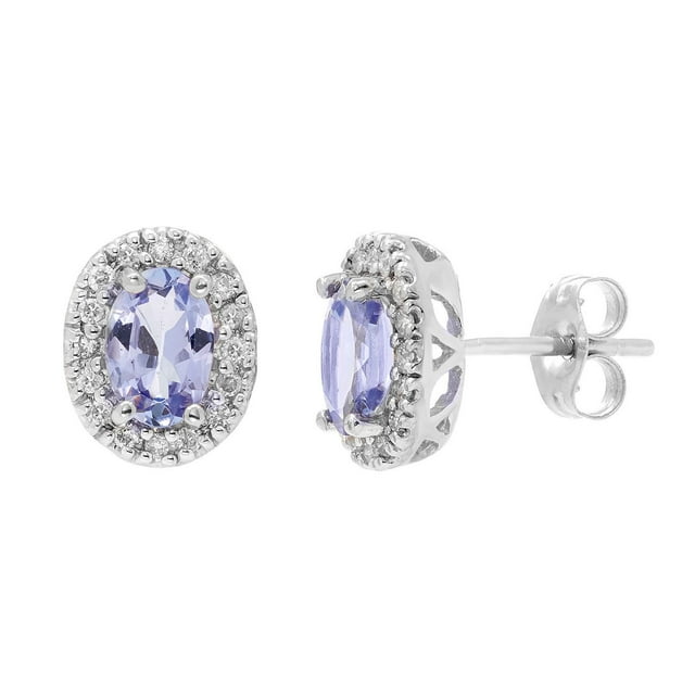 Oval Cut Genuine Gemstone & 0.16 CT.T.W. Diamond Halo Stud Earrings in 14K Gold