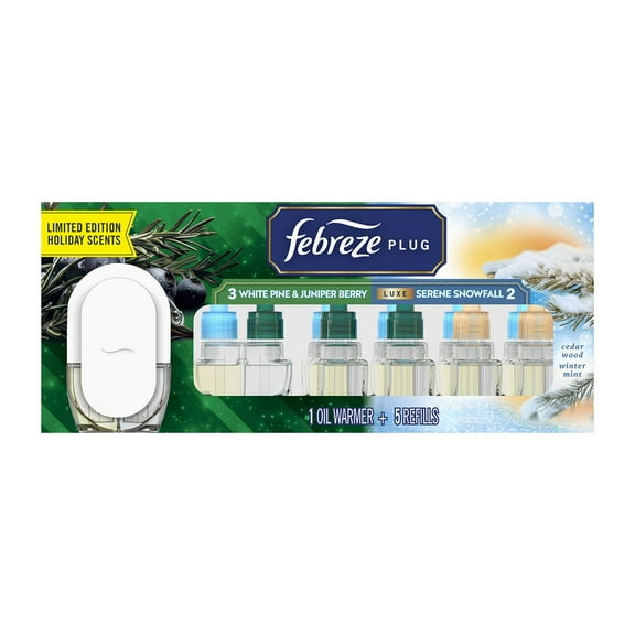Febreze PLUG Air Freshener, White Pine & Juniper Berry & Serene Snowfall Holiday Scents, 1 Warmer + 5 Refills, 4.35 fl. oz.