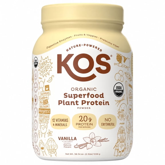 KOS Organic Superfood Plant Protein Powder, Vanilla, 2.3lbs.