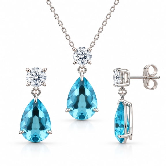 Round and Pear Cut Gemstone Pendant and Earring Set in Sterling Silver