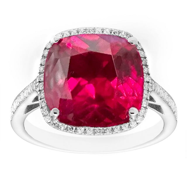 Cushion Cut Gemstone & 0.21 CT. T.W. Halo Diamond Ring in Sterling Silver