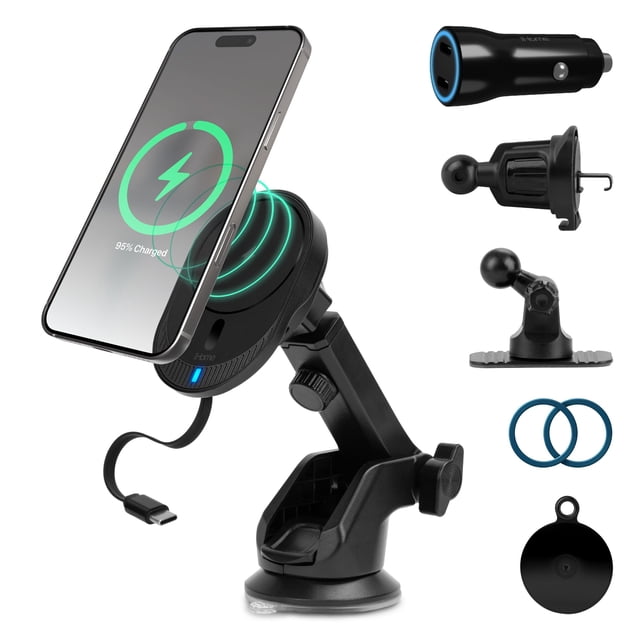 iHome 15W Magnetic Wireless Charging Car Mount 8pc Kit with Retractable Cable