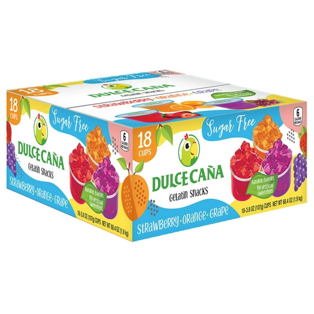 Dulce Caña Sugar Free Strawberry, Orange, Grape Gelatin Snacks, 3.8 oz.,18 ct.