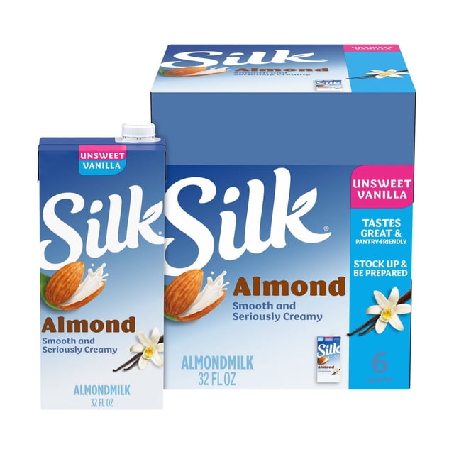 Silk Shelf Stable, Dairy Free, Unsweetened Vanilla Almond Milk, 32 fl. oz., 6 pk.