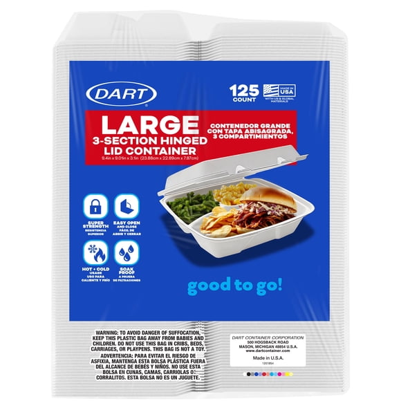 DART, Insulated Foam Hinged Lid Take Out Container, 9" Square, 3-Compartment, 125 ct.
