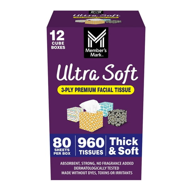 Member's Mark Ultra Soft 3-Ply Facial Tissues, 12 Cube Boxes, 80