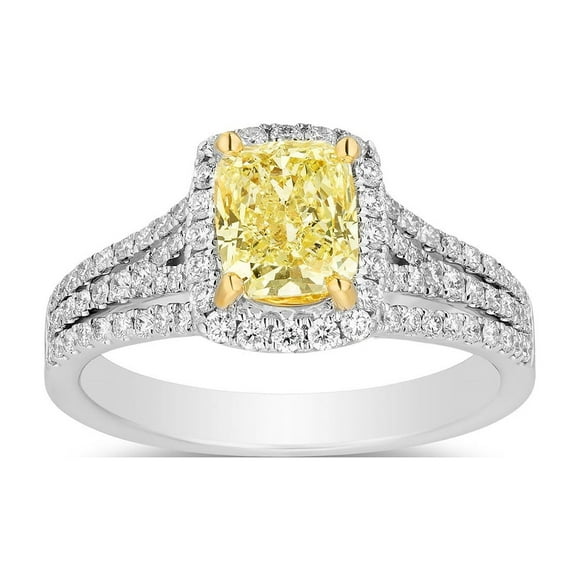 1.60 CT. TW Cushion Cut Natural Yellow Halo Diamond Ring in 18K Gold