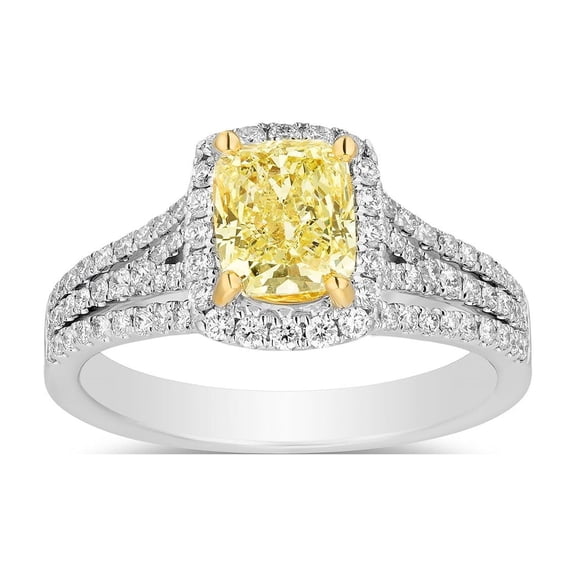 1.60 CT. TW Cushion Cut Natural Yellow Halo Diamond Ring in 18K Gold