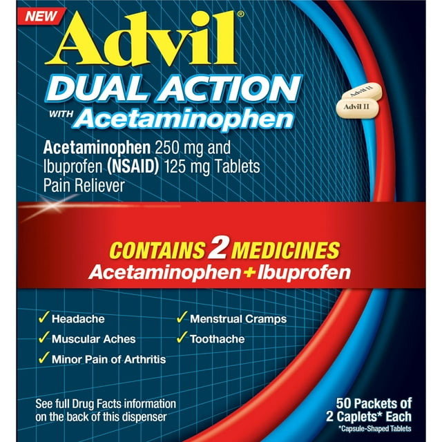 Advil Dual Action Caplet, 250 mg Acetaminophen and 150 mg Ibuprofen 50 ct., 2 pk.