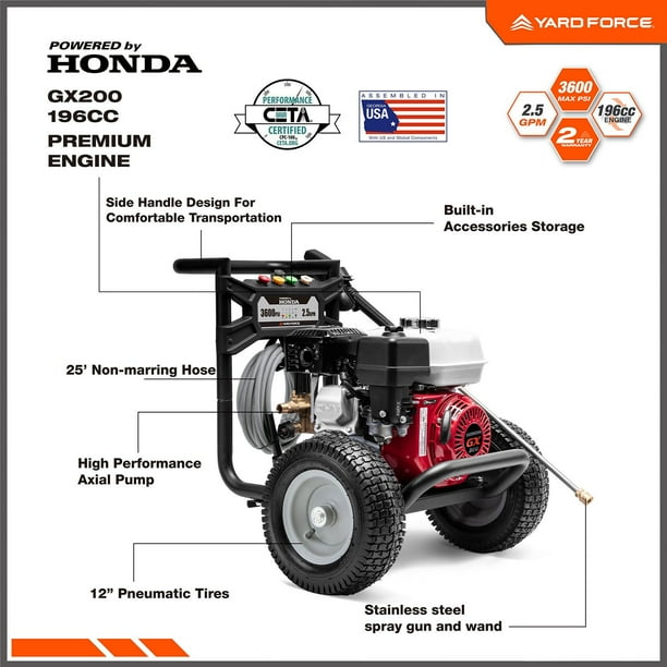 Yard Force 3600PSI 2.5GMP Honda GX200 196cc Gas Pressure Washer