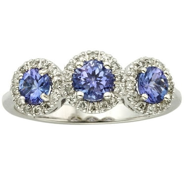 Round Cut 3 Stone Gemstone and 0.19 CT. T.W. Halo Diamond Ring in 14K Gold