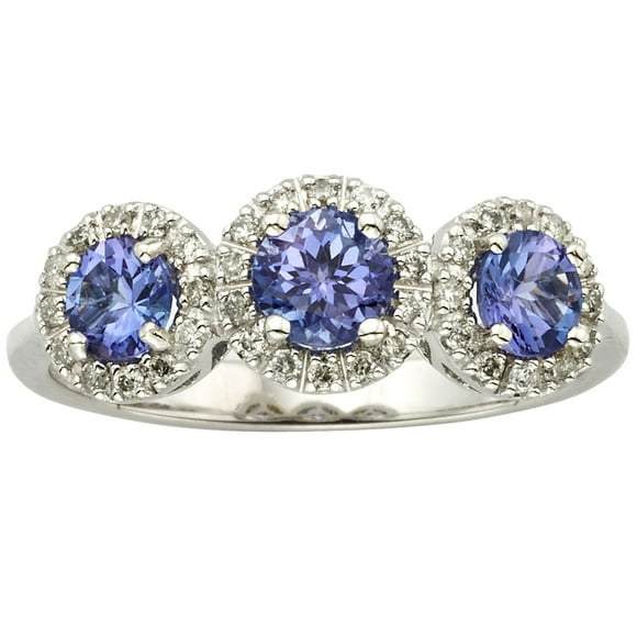 Round Cut 3 Stone Gemstone and 0.19 CT. T.W. Halo Diamond Ring in 14K Gold