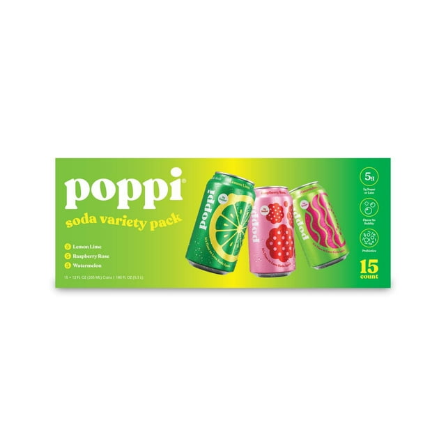 poppi Prebiotic Soda Green Box Variety Pack, 12 fl. oz., 15 pk.