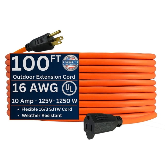 US Wire and Cable 16/3 Orange Light-Duty SJTW Extension Cords 25', 50' and 100'