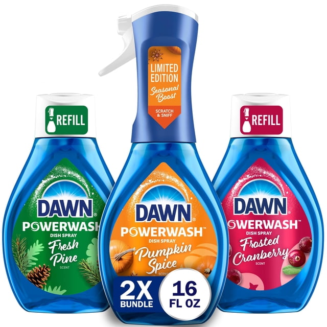 Dawn Platinum Plus Powerwash Dish Spray Bottle Set, Seasonal Variety Pack, 1 Spray Bottle + 2 Refills, 48 fl. oz.