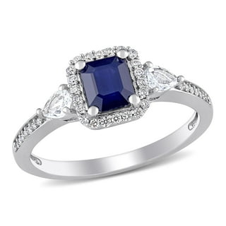 Blue & White Sapphire with Diamond Accent 3-Stone Halo Ring in 14K Gold