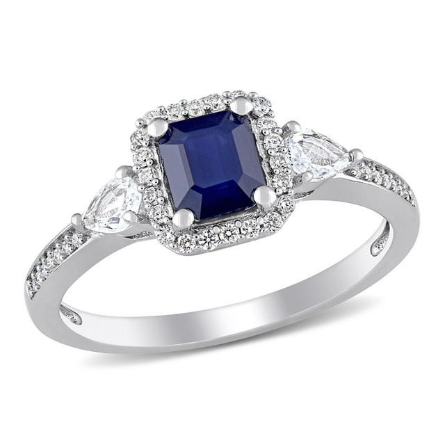Blue & White Sapphire with Diamond Accent 3-Stone Halo Ring in 14K Gold