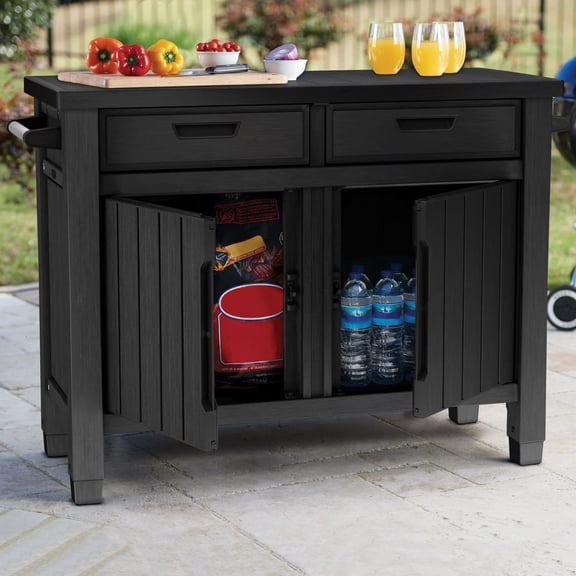 Keter Outdoor Grill Table, Buffet, Entertainment and Storage Cabinet w/ Drawers, Graphite Gray