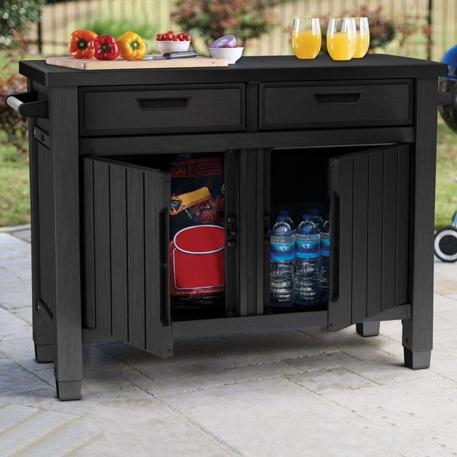 Keter Outdoor Grill Table, Buffet, Entertainment and Storage Cabinet w/ Drawers, Graphite Gray