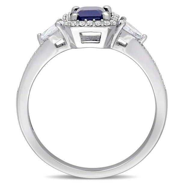 Blue White Sapphire with Diamond Accent 3-Stone Halo Ring in 14K