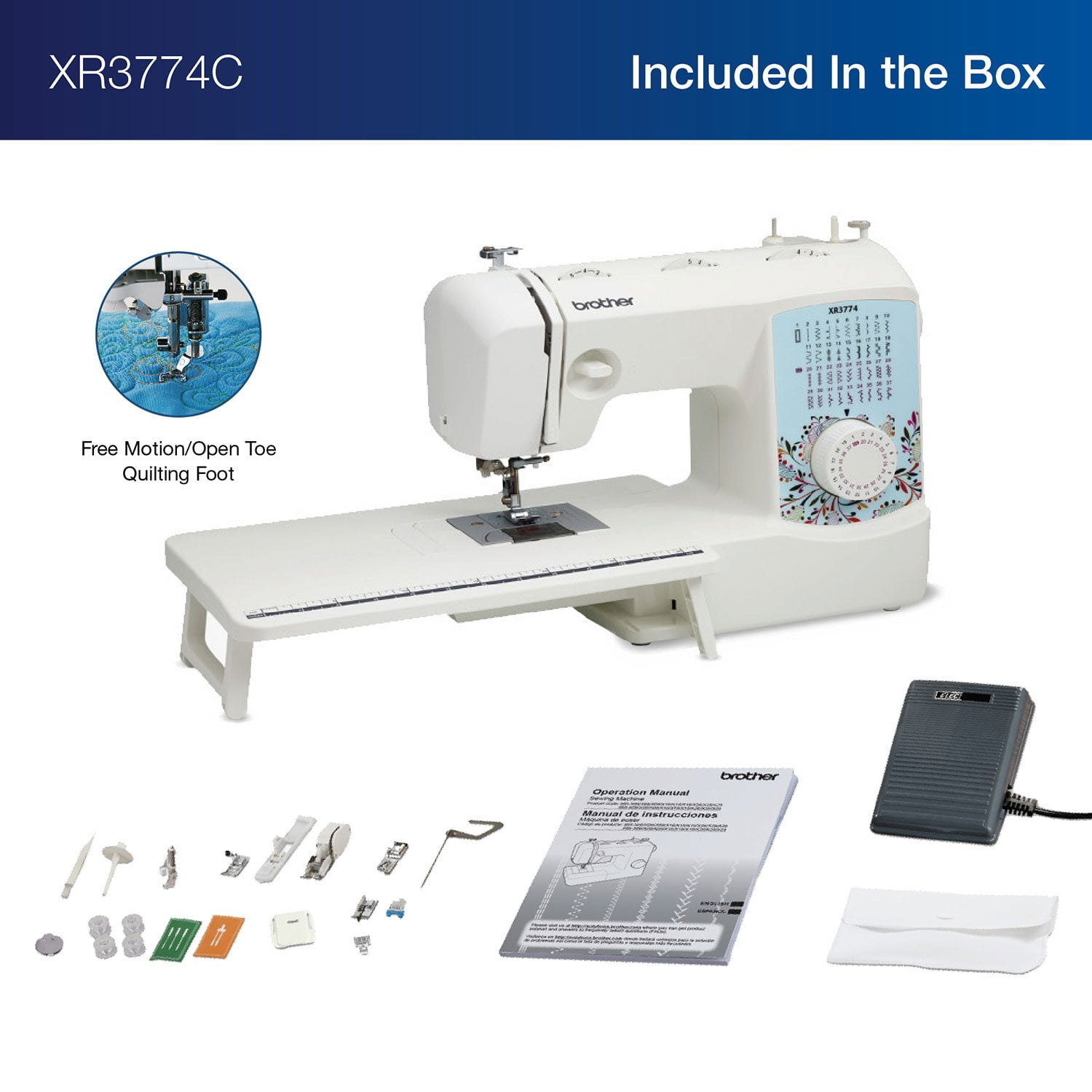 Brother XR3774C Sewing Machine with Wide Table and Motion/Open Toe