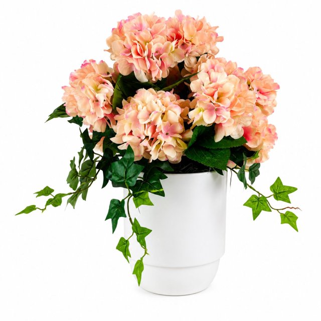 Artificial 26" Hydrangeas with Mixed Ivy in Ceramic Planter - White, Blue, or Pink