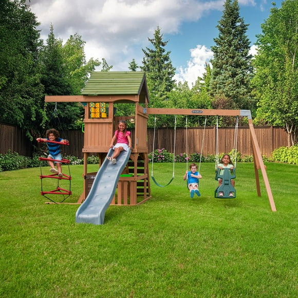 KidKraft Summerside Wooden Outdoor Swing Set with Steeple Climber