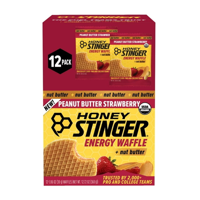Honey Stinger Organic Energy Waffle, Peanut Butter Strawberry, Caffeine Free Healthy Snack, 1.06 oz., 12 pk.