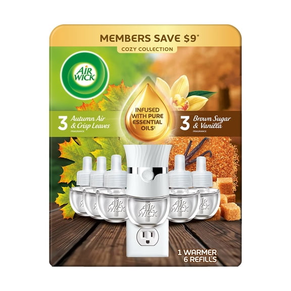 Air Wick Plug In Scented Oil Air Freshener, Autumn Air & Crisp Leaves + Brown Sugar & Vanilla, 1 Warmer + 6 Refills