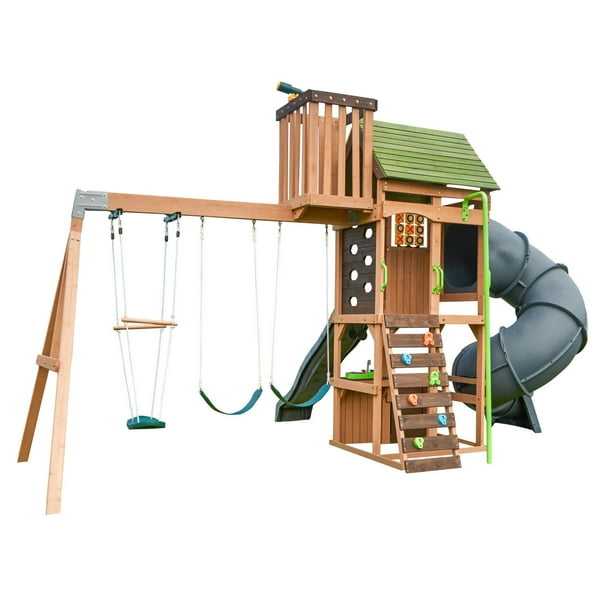 KidKraft Tennyson Twist Wooden Outdoor Swing Set with Surf Swing