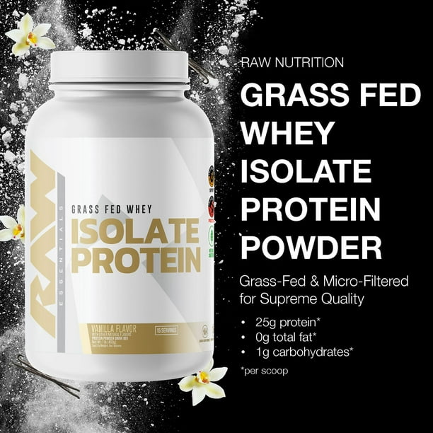 RAW Nutrition 26g Grass Fed Whey Isolate Protein Powder, Vanilla,1.97 lbs. 