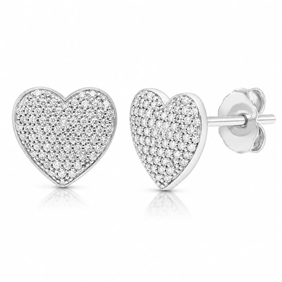 Diamond Heart Stud Earrings in Sterling Silver