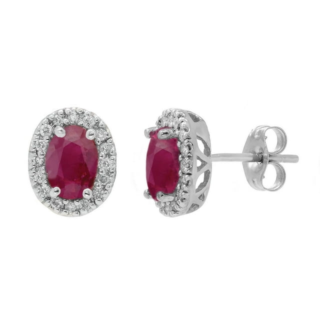 Oval Cut Genuine Gemstone & 0.16 CT.T.W. Diamond Halo Stud Earrings in 14K Gold